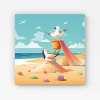 Warren Reed - Designer Seagulls On A Beach Holiday Canvas in Yellow | Size: W16" x H16"