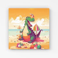 Warren Reed - Designer Crocodile On A Beach Holiday Canvas in Yellow | Size: w40 inch x h40 inch