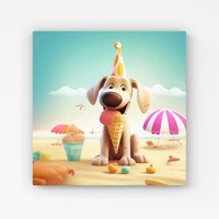 Warren Reed - Designer Dog On A Beach Holiday Canvas in Yellow | Size: W16" x H16"