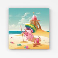Warren Reed - Designer Piglet On A Beach Holiday Canvas in Yellow | Size: W30" x H30"