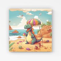 Warren Reed - Designer Dragon On A Beach Holiday Canvas in Yellow | Size: W30" x H30"