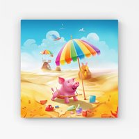 Warren Reed - Designer Pig On A Beach Holiday Canvas in Yellow | Size: W30" x H30"