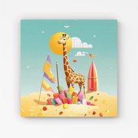 Warren Reed - Designer A Giraffe On A Beach Holiday Canvas in Yellow | Size: w10 inch x h10 inch