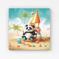 Warren Reed - Designer Happy Panda On A Beach Holiday Canvas in Yellow | Size: w10 inch x h10 inch