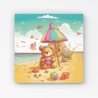 Warren Reed - Designer Lucky Teddy Bear On A Beach Holiday Canvas in Yellow | Size: w10 inch x h10 inch