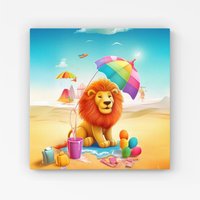 Warren Reed - Designer Lion On A Beach Holiday Canvas in Yellow | Size: w10 inch x h10 inch
