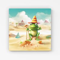 Warren Reed - Designer Happy Frog On A Beach Holiday Canvas in Yellow | Size: w10 inch x h10 inch