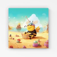 Warren Reed - Designer Bumblebee On A Beach Holiday Canvas in Yellow | Size: w40 inch x h40 inch