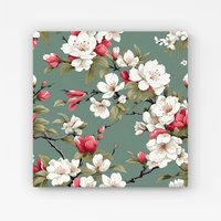 Warren Reed - Designer Pink & White Blossom Canvas in Green | Size: w10 inch x h10 inch