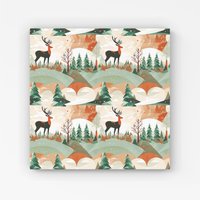 Warren Reed - Designer Reindeer On A Snowy Landscape Pattern Canvas in Green | Size: w40 inch x h40 inch