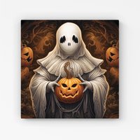 Warren Reed - Designer Spooky White Ghost Holding Pumpkin Canvas | Size: W16" x H16"