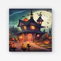 Warren Reed - Designer Spooky Halloween House Canvas in Orange | Size: w40 inch x h40 inch