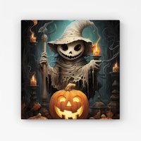 Warren Reed - Designer Creepy Ghost With Pumpkins Canvas in Orange | Size: W30" x H30"