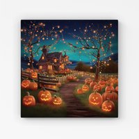 Warren Reed - Designer Enchanted Hallowen Pumpkin Patch Canvas in Orange | Size: W16" x H16"