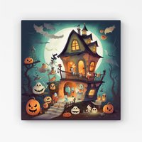 Warren Reed - Designer Illustrations A Whimsical Haunted House Canvas in Orange | Size: W16" x H16"