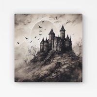 Warren Reed - Designer A Realistic Ink Drawing Of A Haunted Castle Canvas in Grey | Size: W16" x H16"