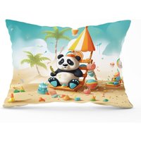 Warren Reed - Designer Happy Panda On A Beach Holiday Cushions in Yellow | Size: 60 cm x 60 cm