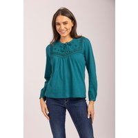 Mudflower Women's Embroidered Yoke Tie Neck Top in Turquoise | Size: 12