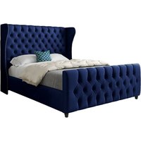 KDMD Dozer Straight Curved Top Upholstered Soft Velvet Designer Bed Frame in Blue | Size: Double