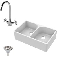Balterley Fireclay 2 Bowl Full Weir Butler Sink Tap Waste Bundle 795mm in White
