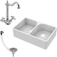 Balterley Fireclay 2 Bowl Full Weir Butler Sink Overflow Tap Waste 795mm in White
