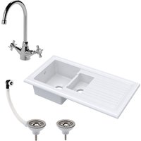 Balterley 1.5 Bowl Inset Fireclay Kitchen Sink, Wastes, Mono Tap 1010 x 525mm in White