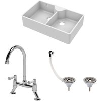 Balterley Fireclay 2 Bowl Stepped Weir Butler Sink Waste Tap 895mm in White