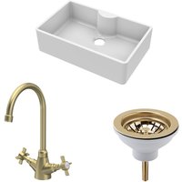 Balterley Fireclay 1 Bowl Butler Sink Tap Ledge Waste Tap Brushed Brass 795mm in White