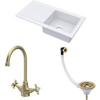 Balterley Fireclay 1 Bowl Sink Drainer Waste Tap 1010mm Brushed Brass in White