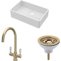 Balterley Fireclay 1 Bowl Butler Sink Waste Handle Tap Brushed Brass 795mm in White