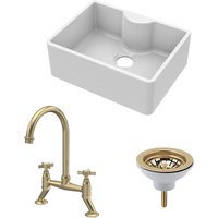 Balterley Single Fireclay Ceramic Bowl Butler Sink with Tap Ledge, Waste & Bridge Tap in White