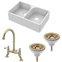 Balterley Double Bowl Fireclay Butler Sink Tap & Wastes Brushed Brass 795mm in White