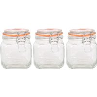 Argon Tableware Square Glass Jars with Clip-Top Lids - 760ml - Pack of 3 in Clear