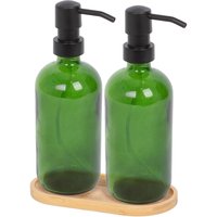Harbour Housewares 2pc Glass Soap Dispenser Set with Bamboo Tray - 500ml in Green