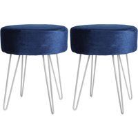 Harbour Housewares Round Velvet Footstools - H40 x D35cm - Silver Legs - Pack of 2 in Blue