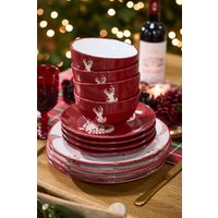 Dibor 24 Piece Red Plates & Bowls Reindeer Christmas Dinner Set 8 Person Christmas Crockery Set | Size: 24 Pack