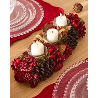 Dibor Cinnamon Pine Trio Tealight Xmas Decoration Centrepiece Christmas Décor Candle Holder in Red