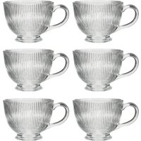 Dibor Set of 6 Embossed Footed Glass Coffee Mug Clear Tea Cups 400ml | Size: 6 Pack