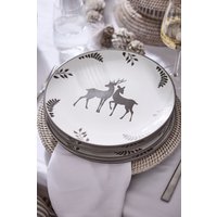 Dibor Set of 4 Grey Stag Christmas Tableware Serving Dish, Christmas Dinner Plates Dia27cm | Size: 4 Pack