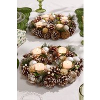 Dibor Set of 2 Silver Round Table Centrepiece Christmas Decoration Candle Holders Tealight Holder 30cm in White | Size: 2 Pack