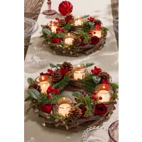 Dibor Set of 2 Christmas Roses 4 Table Centrepiece Christmas Decoration Candle Holders Tealight Holder 30cm in Red | Size: 2 Pack