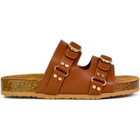 XY London Women's 'Evan' Strappy Slip On Buckle Flat Sandal Sliders in Tan | Size: 7