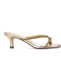 XY London Women's 'Megan' Toe Post Heeled Mules With Crystal Details in Metallic Gold | Size: 5