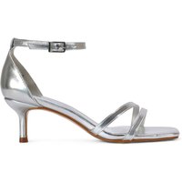 XY London Women's 'Lea' Strappy Mid Kitten Heel Sandals With Square Toe in Metallic Silver | Size: 6