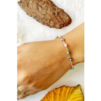 The Colourful Aura Women's Multicolour Turkish Evil Eye Bead Protection Luck Eye Charm Adjustable Bracelet in Gold | Size: 8