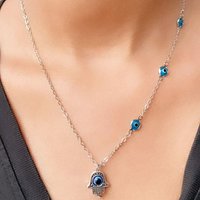 The Colourful Aura Women's Half Evil Eye Necklace Hamsa Charm Silver Protection Choker Necklace | Size: 14 inches