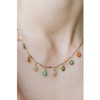 The Colourful Aura Women's Colourful Rainbow Flower Indie Boho Daisy Charms Dangle Choker Summer Necklace in Gold | Size: 18 inches