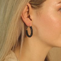 The Colourful Aura Women's Large Bead Braided Summer Dainty Boho Huggie Asian Hoop Earrings in Black