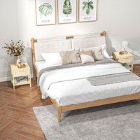 HOMCOM Bedside Table Nightstand with Rattan Drawer Storage Shelf in Light Brown