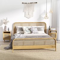 HOMCOM Bedside Table Set of 2 End Table with Open Shelf Rattan Door in Light Brown
